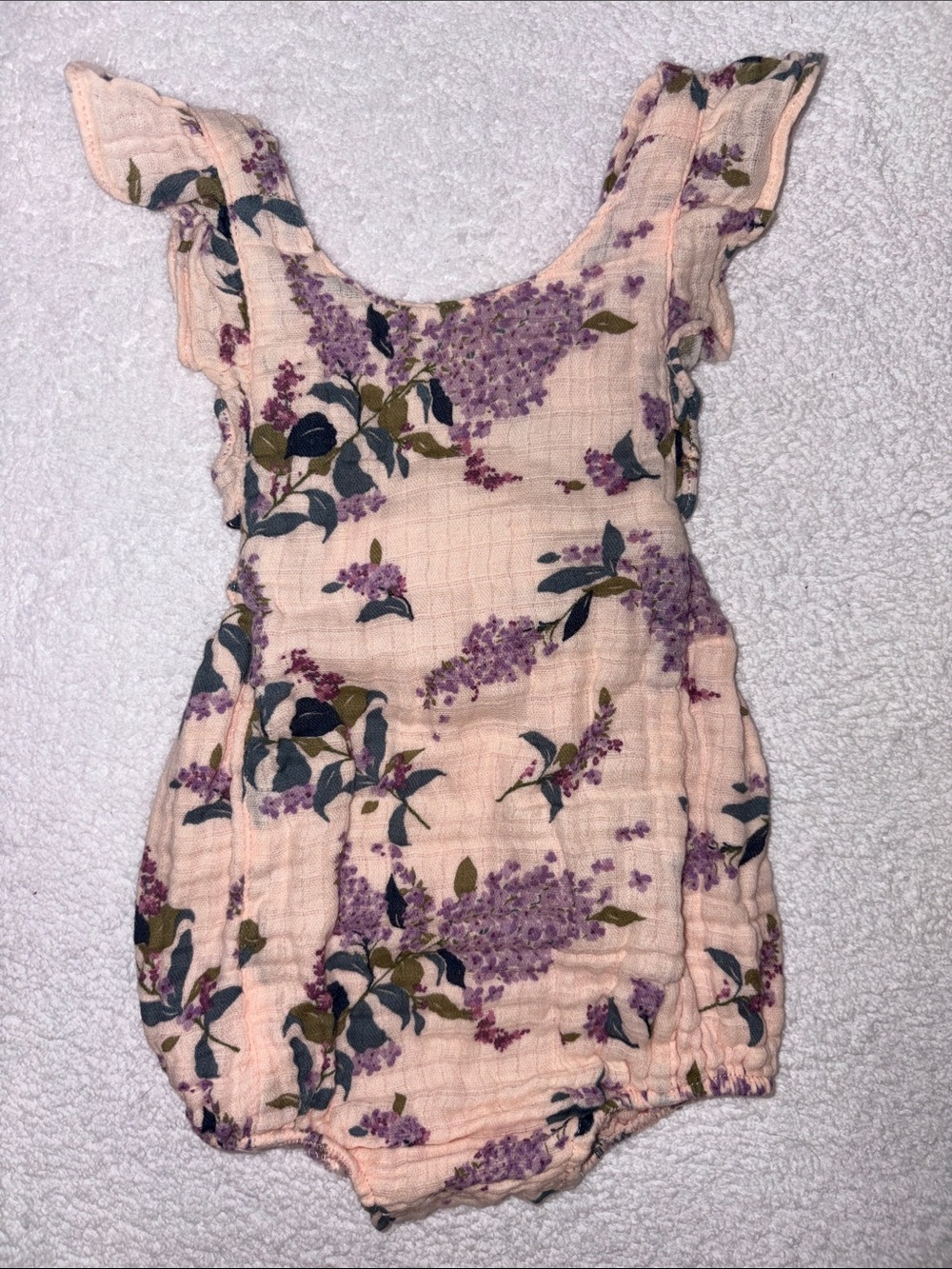 Angel Dear Pink Floral lilac muslin Ruffle Romper 0/3m